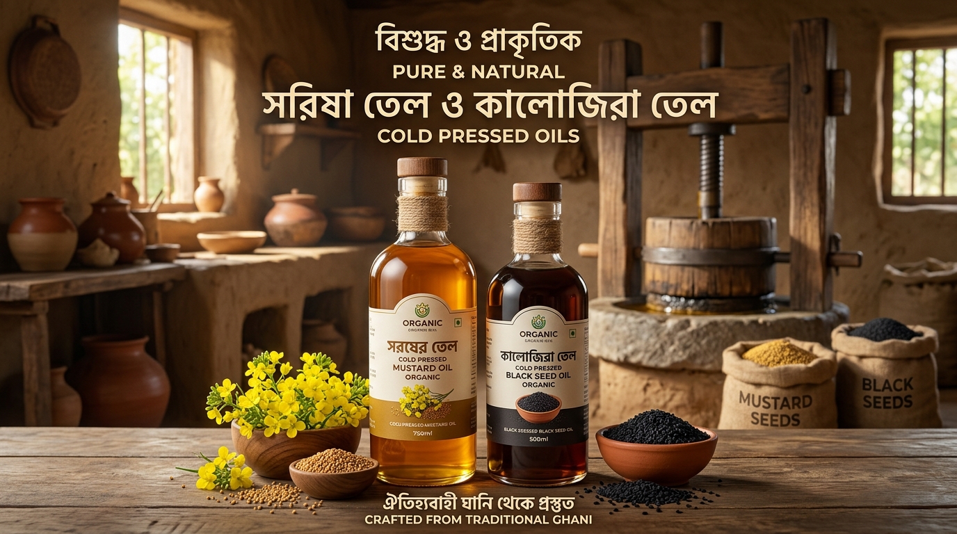 কাঠের ঘানিতে ভাঙা খাঁটি সরিষা ও কালোজিরার তেল